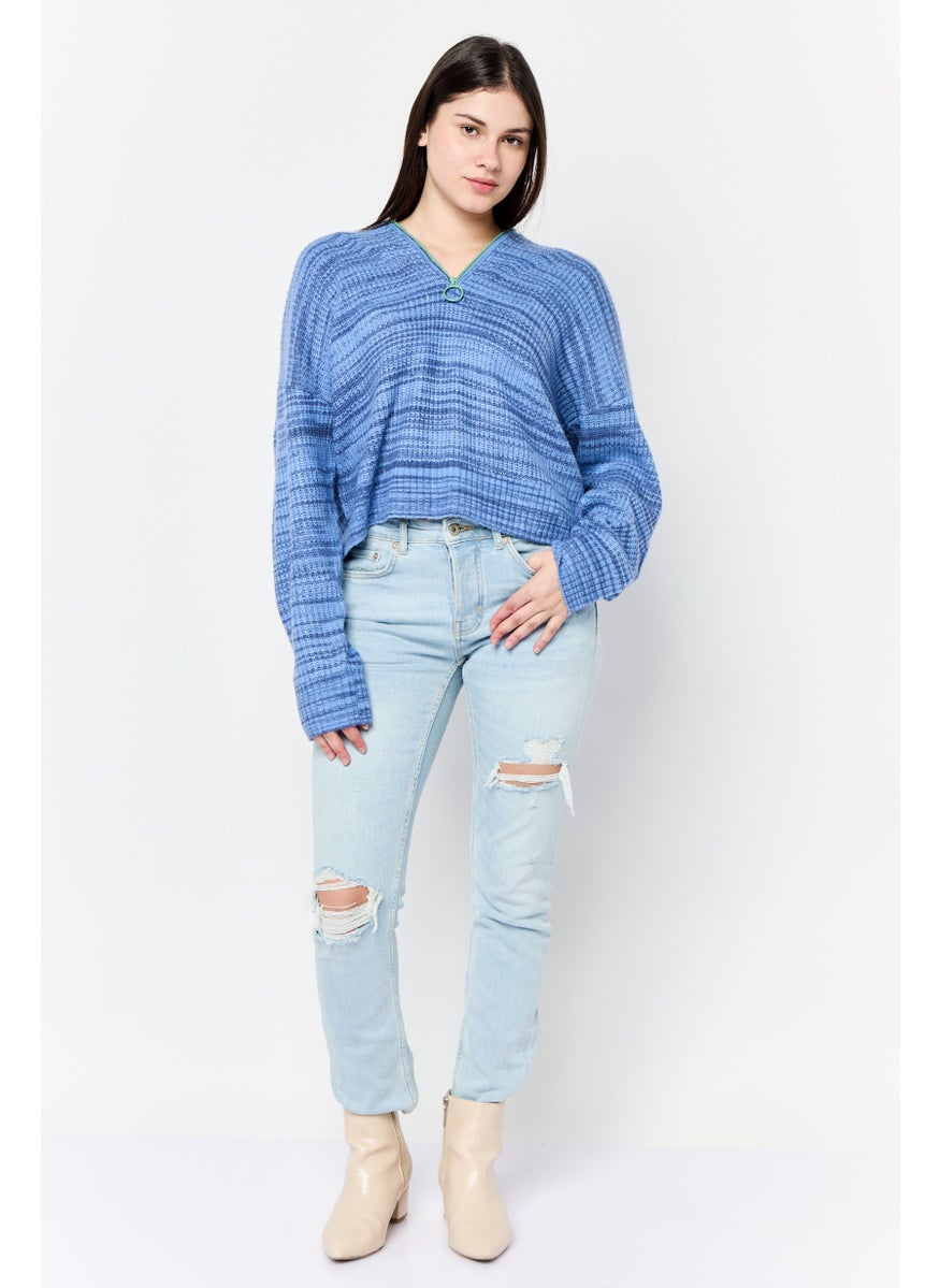 Women Spread Collar Knitted Sweater, Blue
