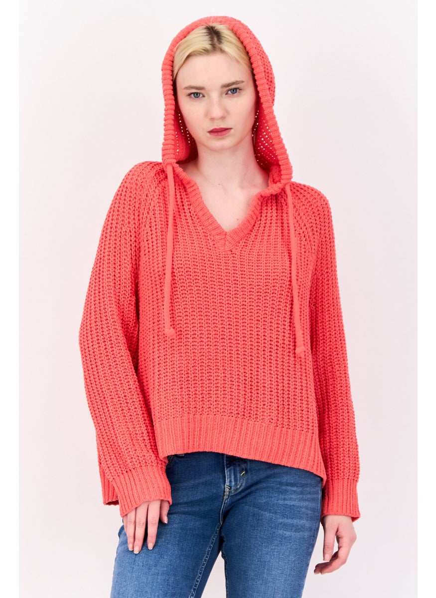 Women Hooded Crochet Sweater, Red