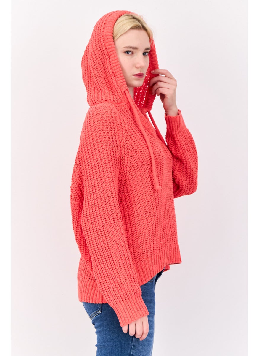 Women Hooded Crochet Sweater, Red