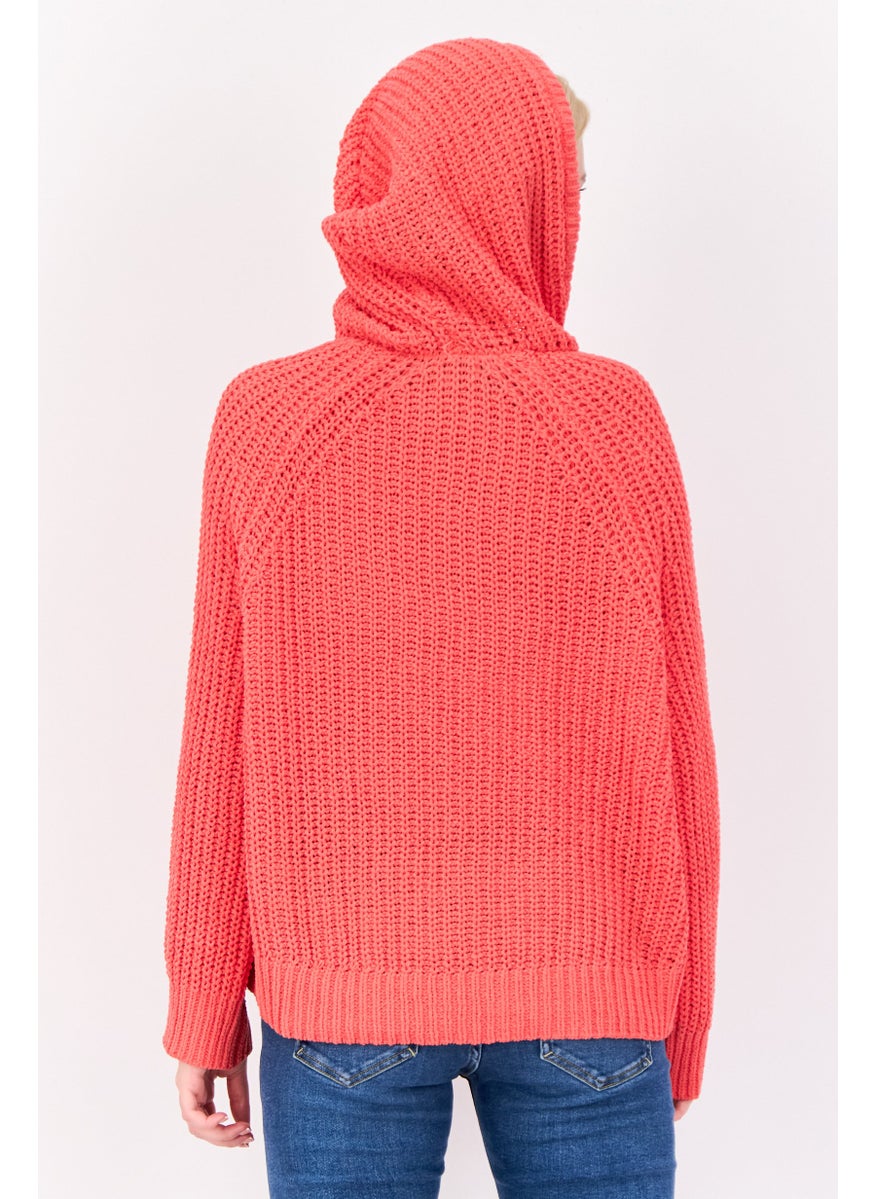 Women Hooded Crochet Sweater, Red