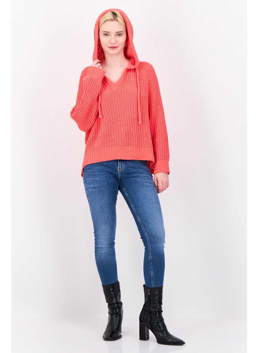Women Hooded Crochet Sweater, Red