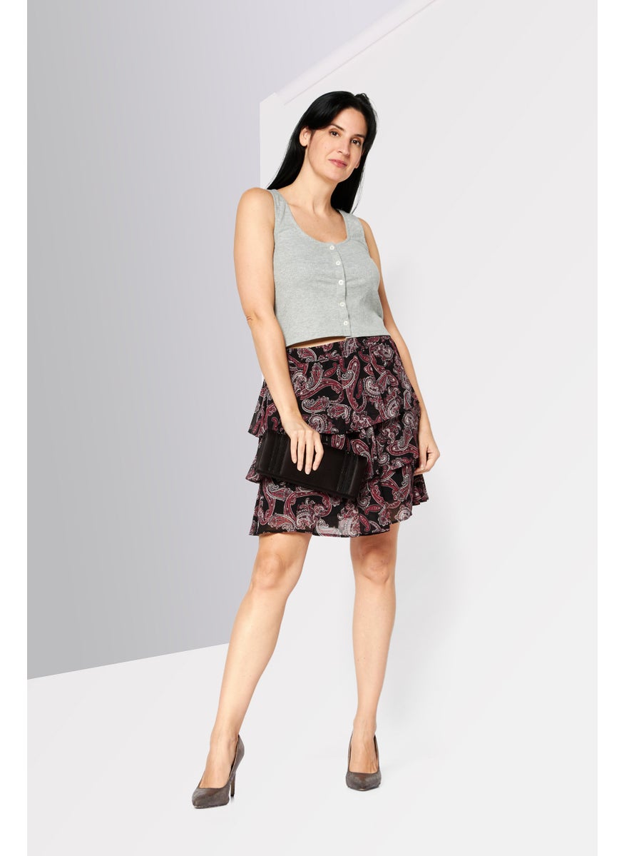 Women Floral Printed Mini Skirt, Black