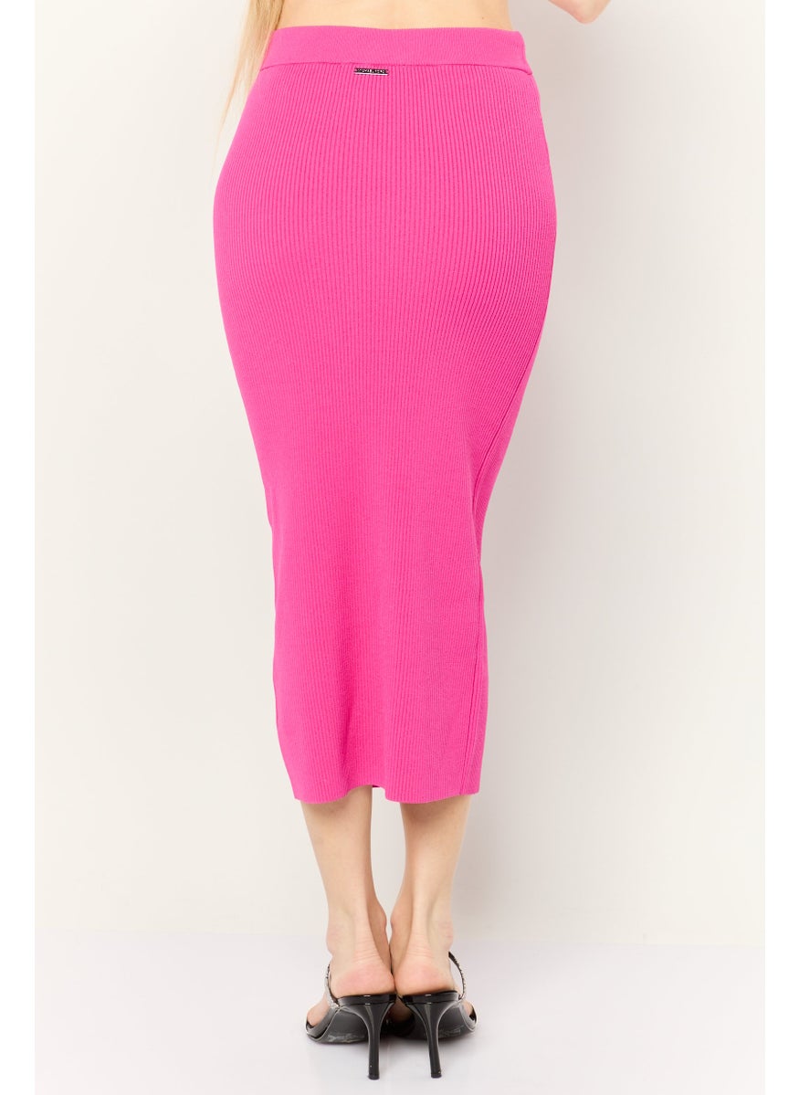 Women Ribbed Midi Pencil Skirt, Pink