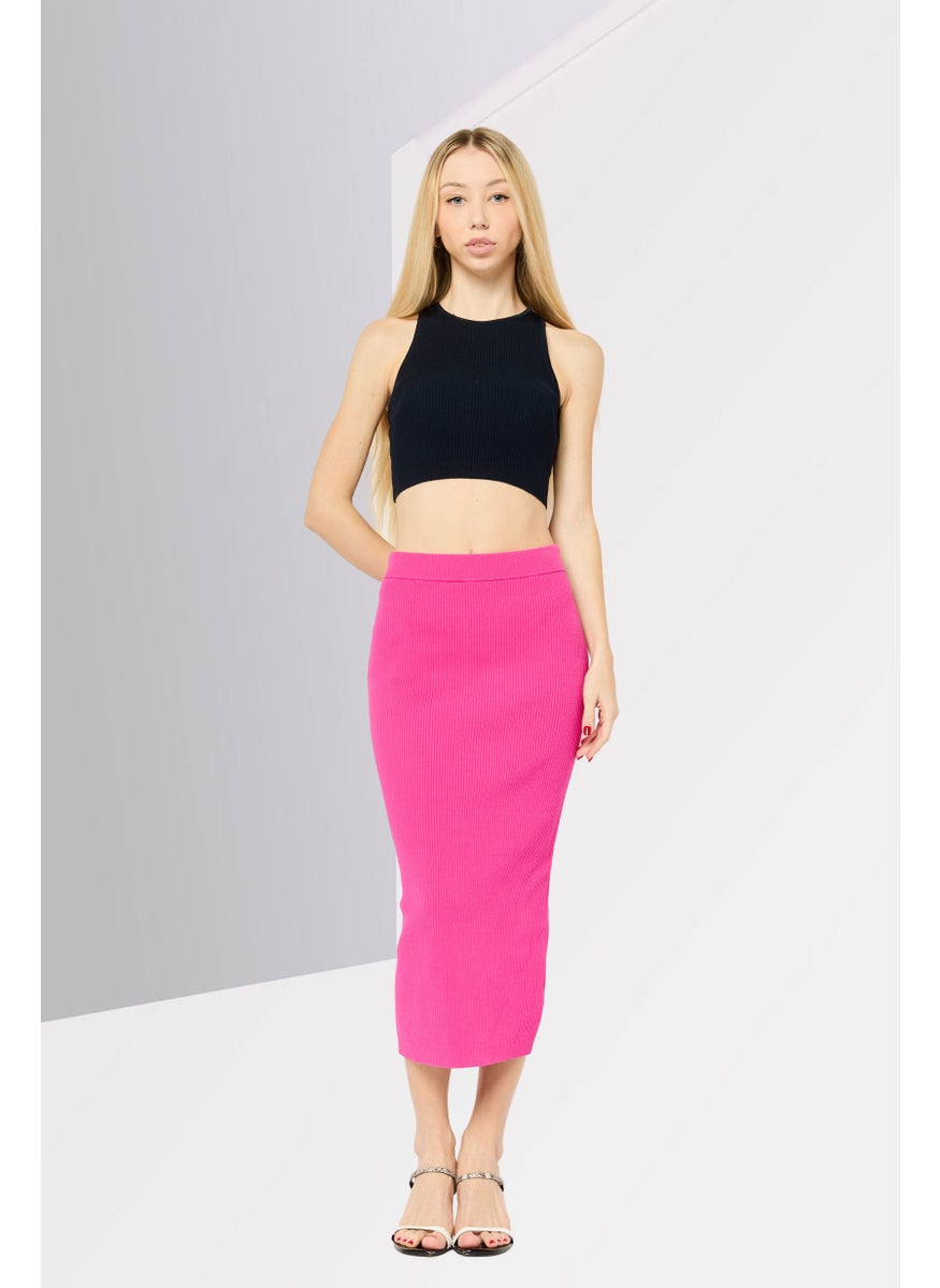 Women Ribbed Midi Pencil Skirt, Pink