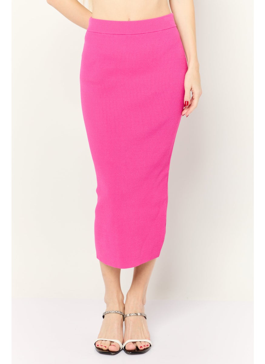 Women Ribbed Midi Pencil Skirt, Pink