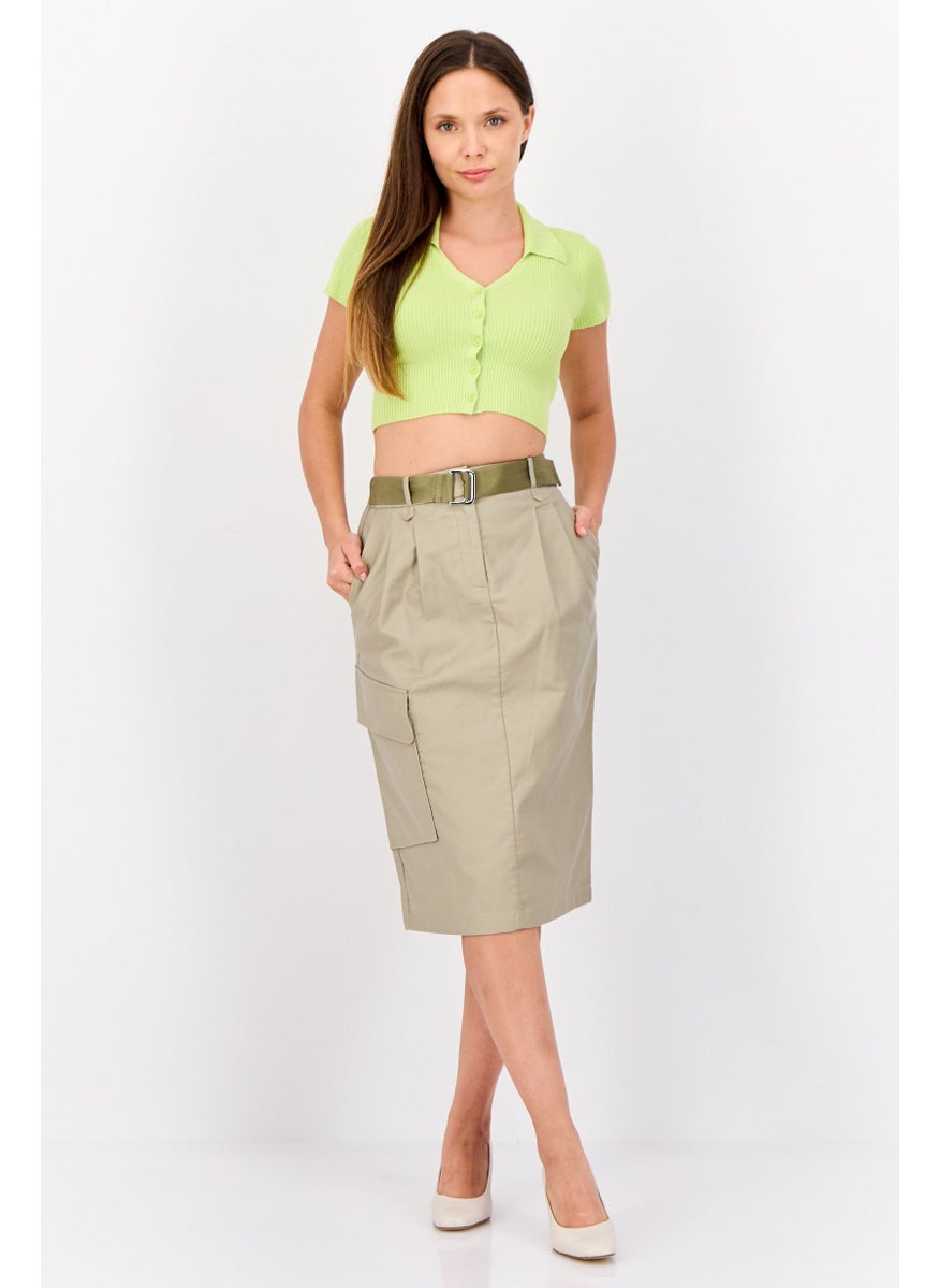 Women Solid Cargostyle Midi Skirt, Ash Green