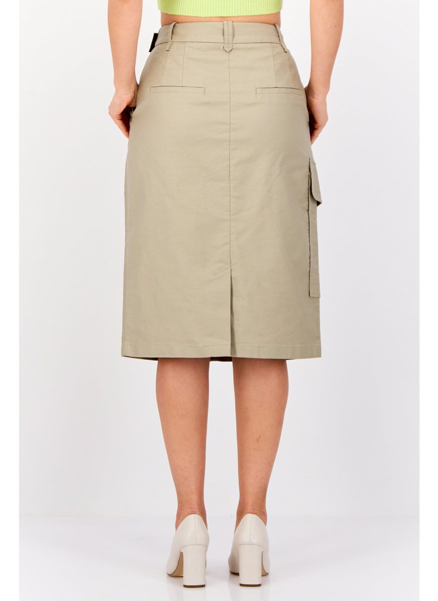 Women Solid Cargostyle Midi Skirt, Ash Green