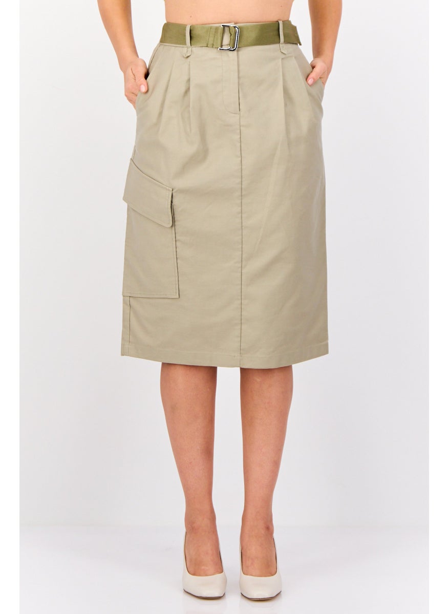 Women Solid Cargostyle Midi Skirt, Ash Green