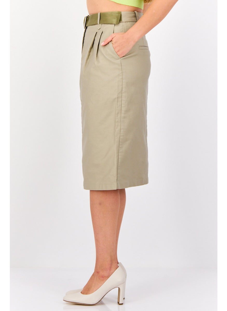 Women Solid Cargostyle Midi Skirt, Ash Green