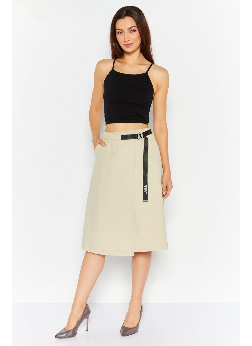 Women Plain Buckle Waist Midi Skirts, Beige