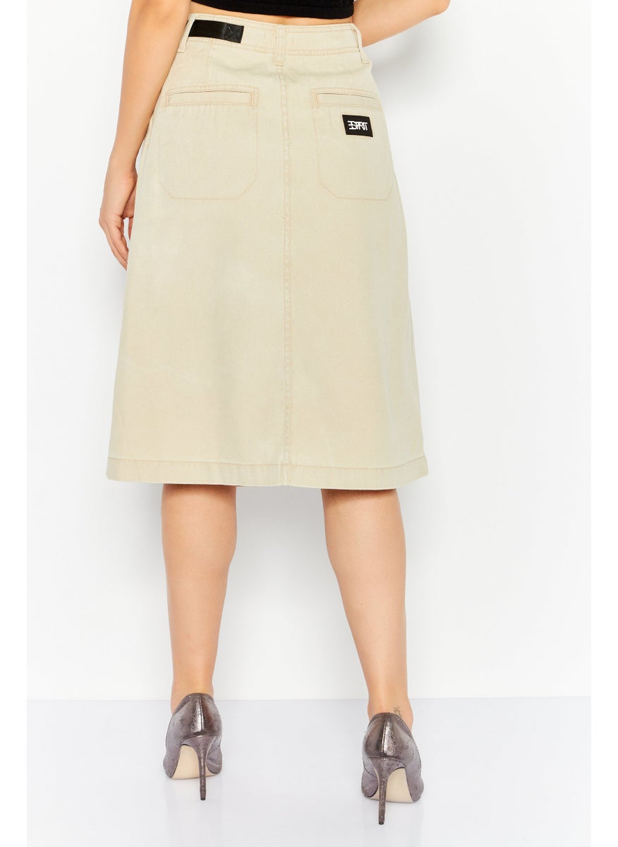Women Plain Buckle Waist Midi Skirts, Beige