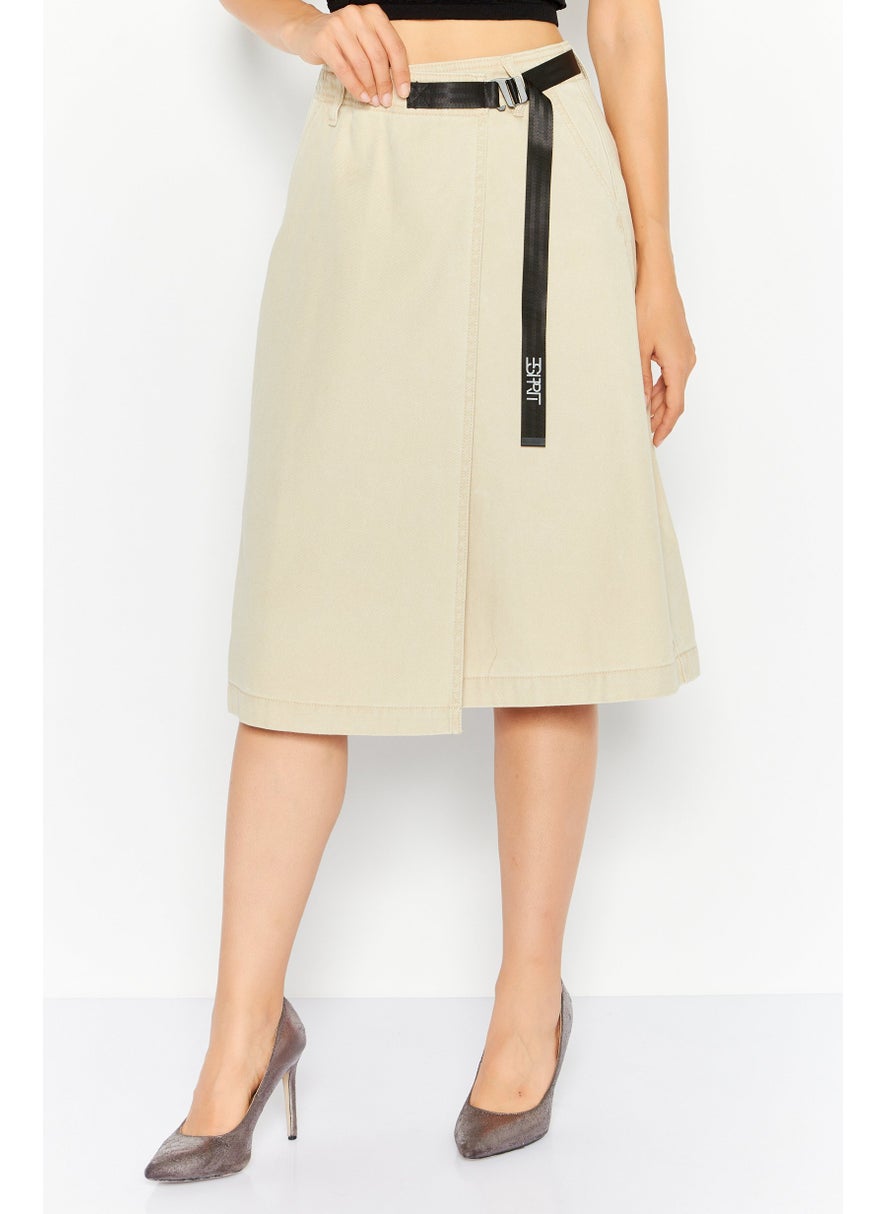 Women Plain Buckle Waist Midi Skirts, Beige