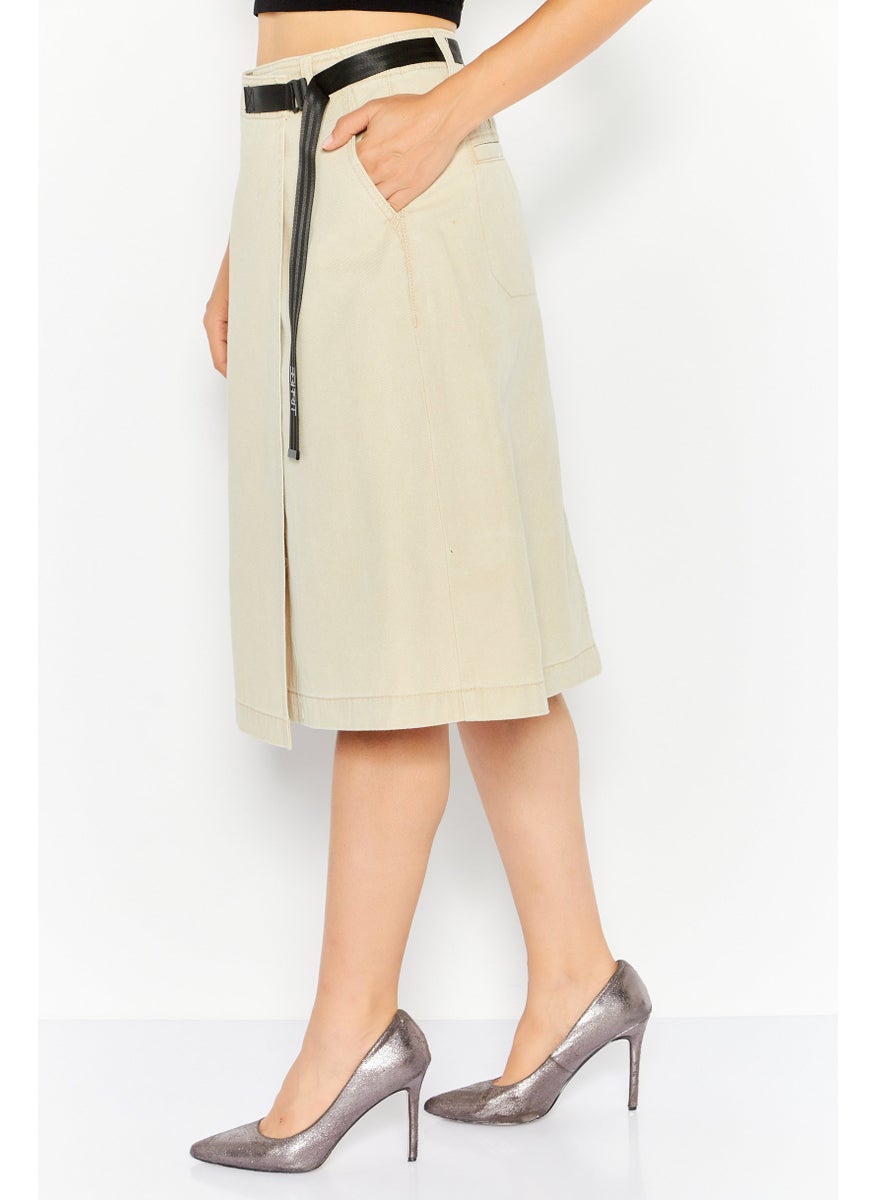 Women Plain Buckle Waist Midi Skirts, Beige