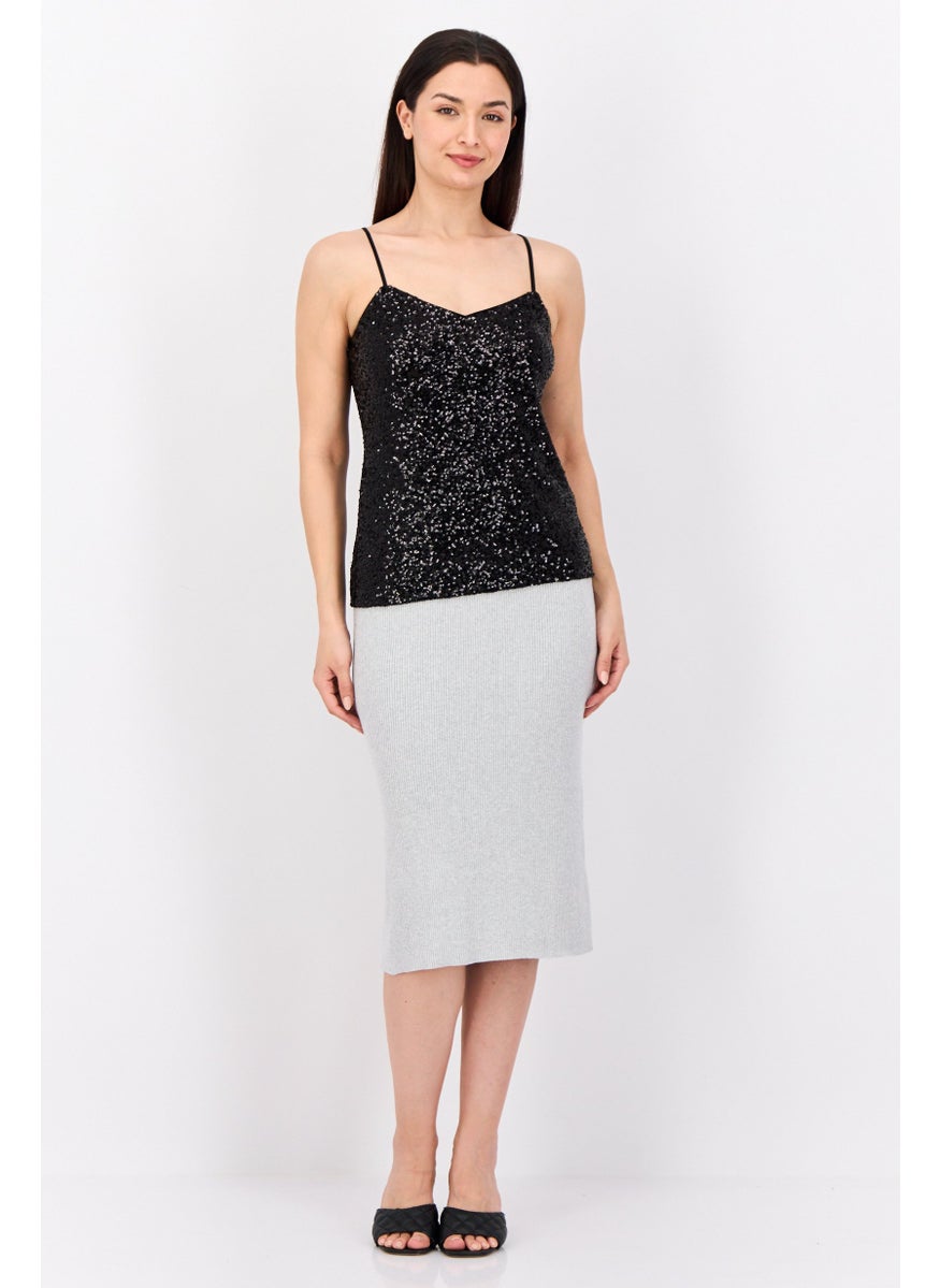 Women Metallic Midi Skirt, Grey