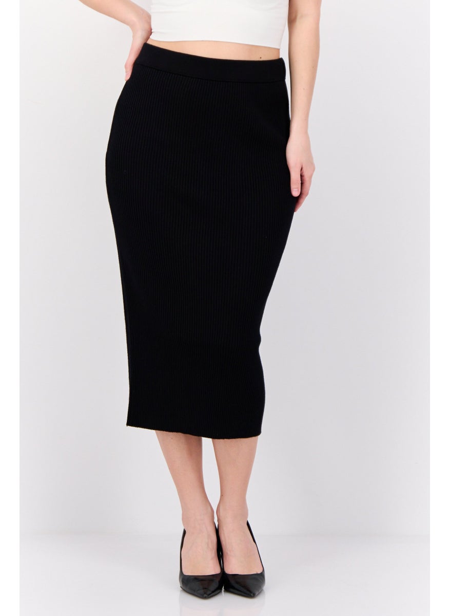 Women Ribbed Midi Skirt, Black