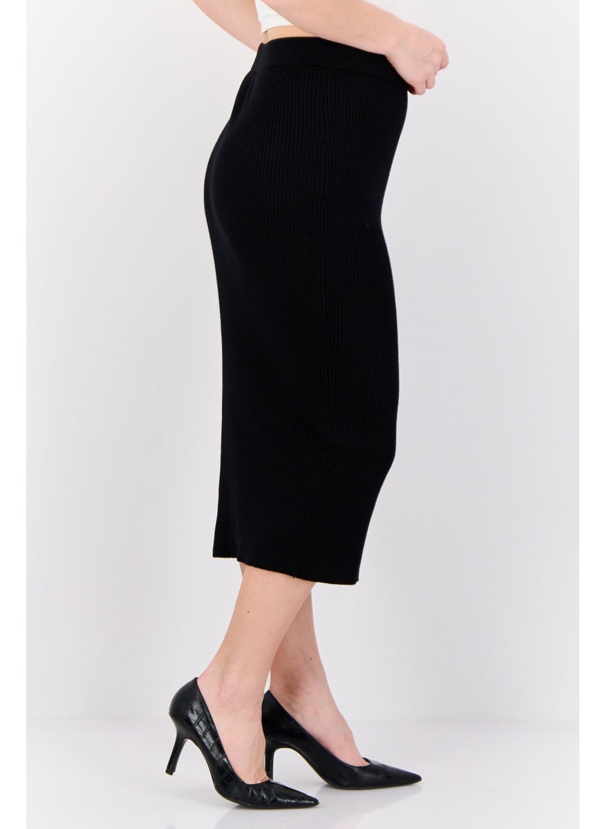 Women Ribbed Midi Skirt, Black