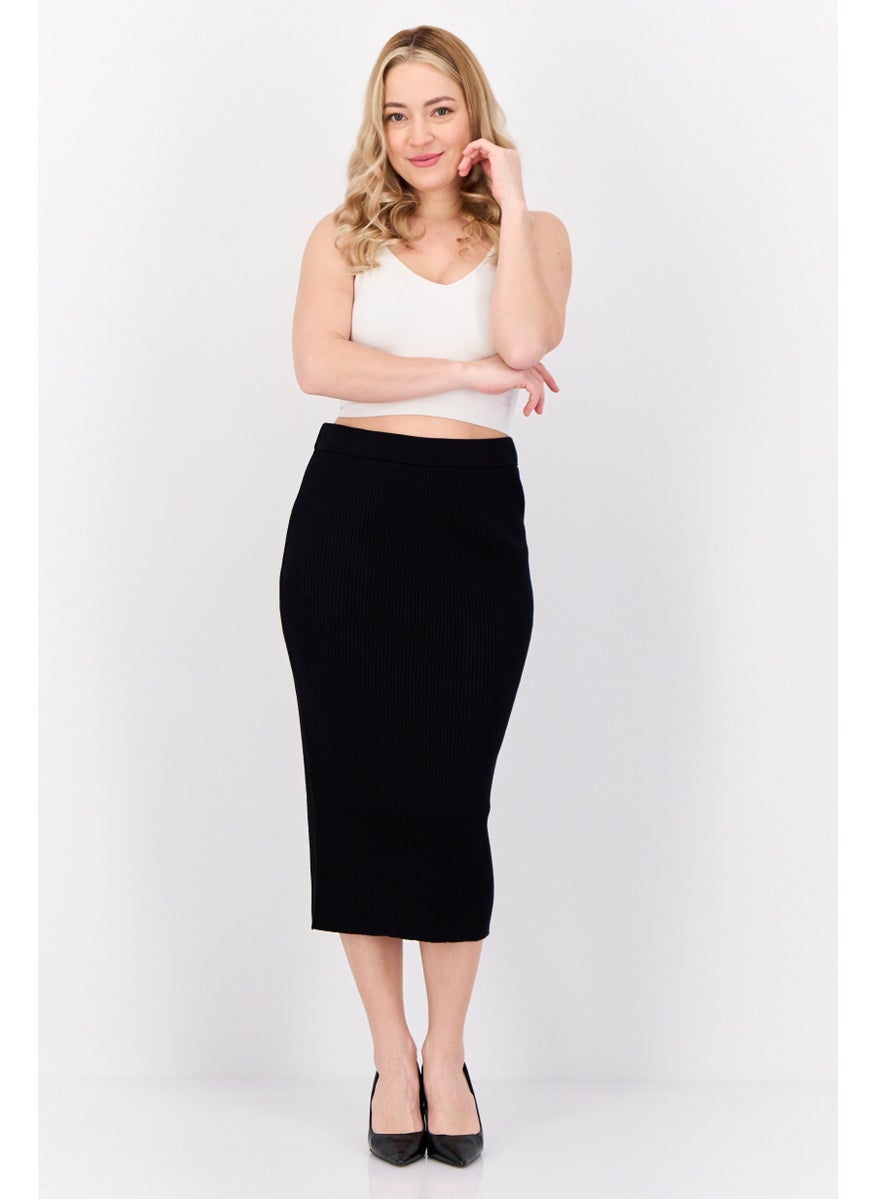 Women Ribbed Midi Skirt, Black
