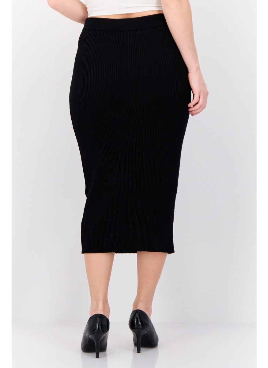 Women Ribbed Midi Skirt, Black
