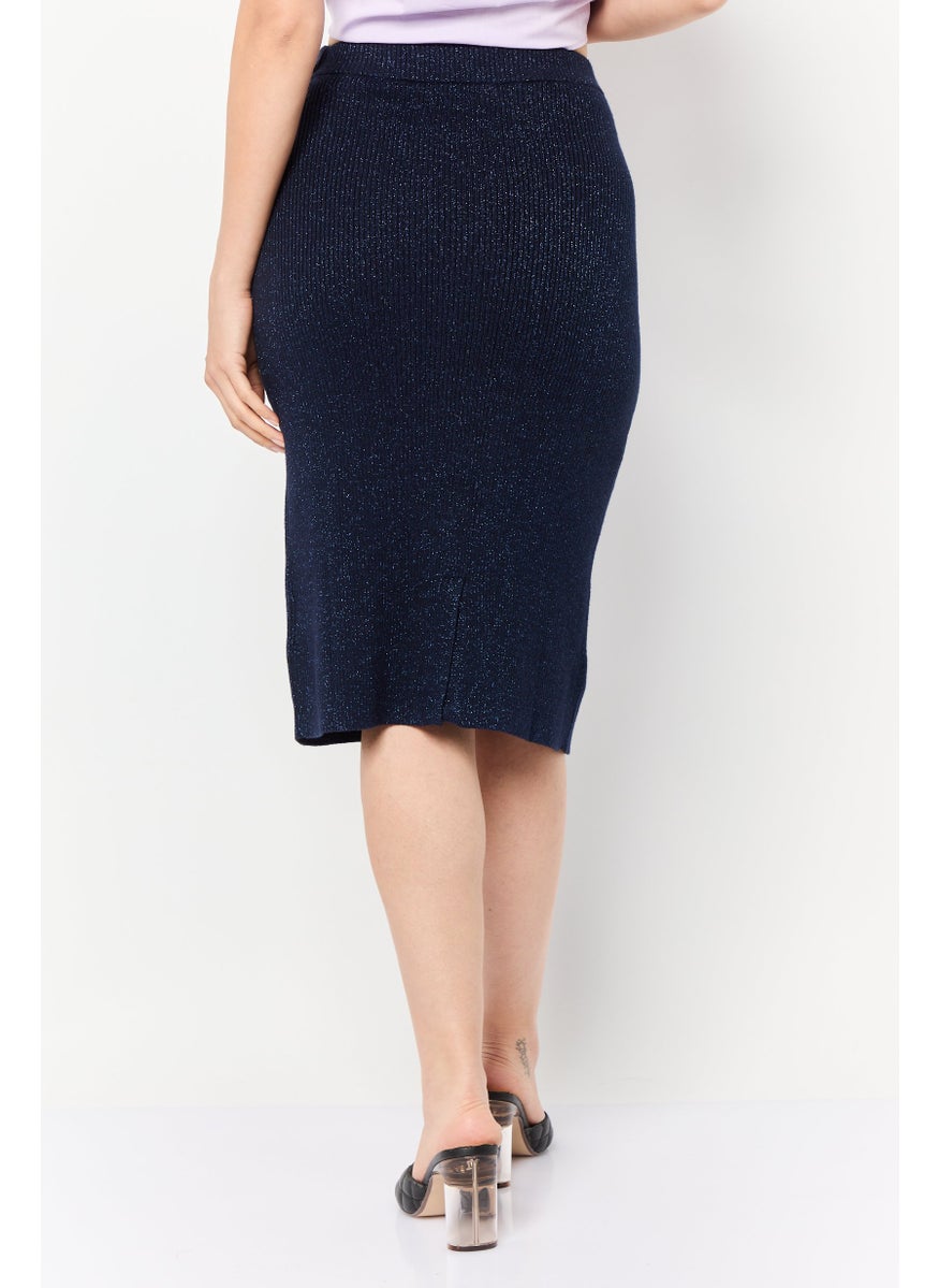 Women Metallic Midi Skirt, Navy
