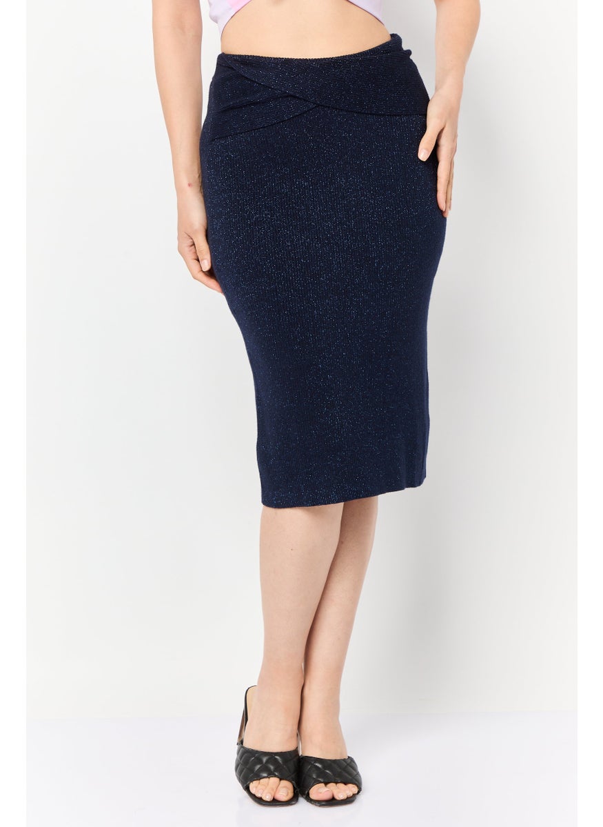 Women Metallic Midi Skirt, Navy