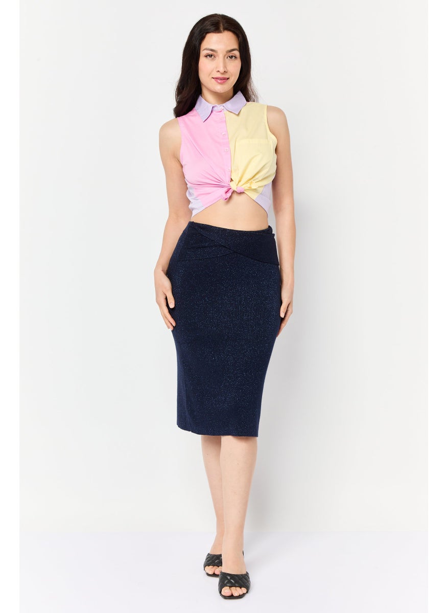 Women Metallic Midi Skirt, Navy