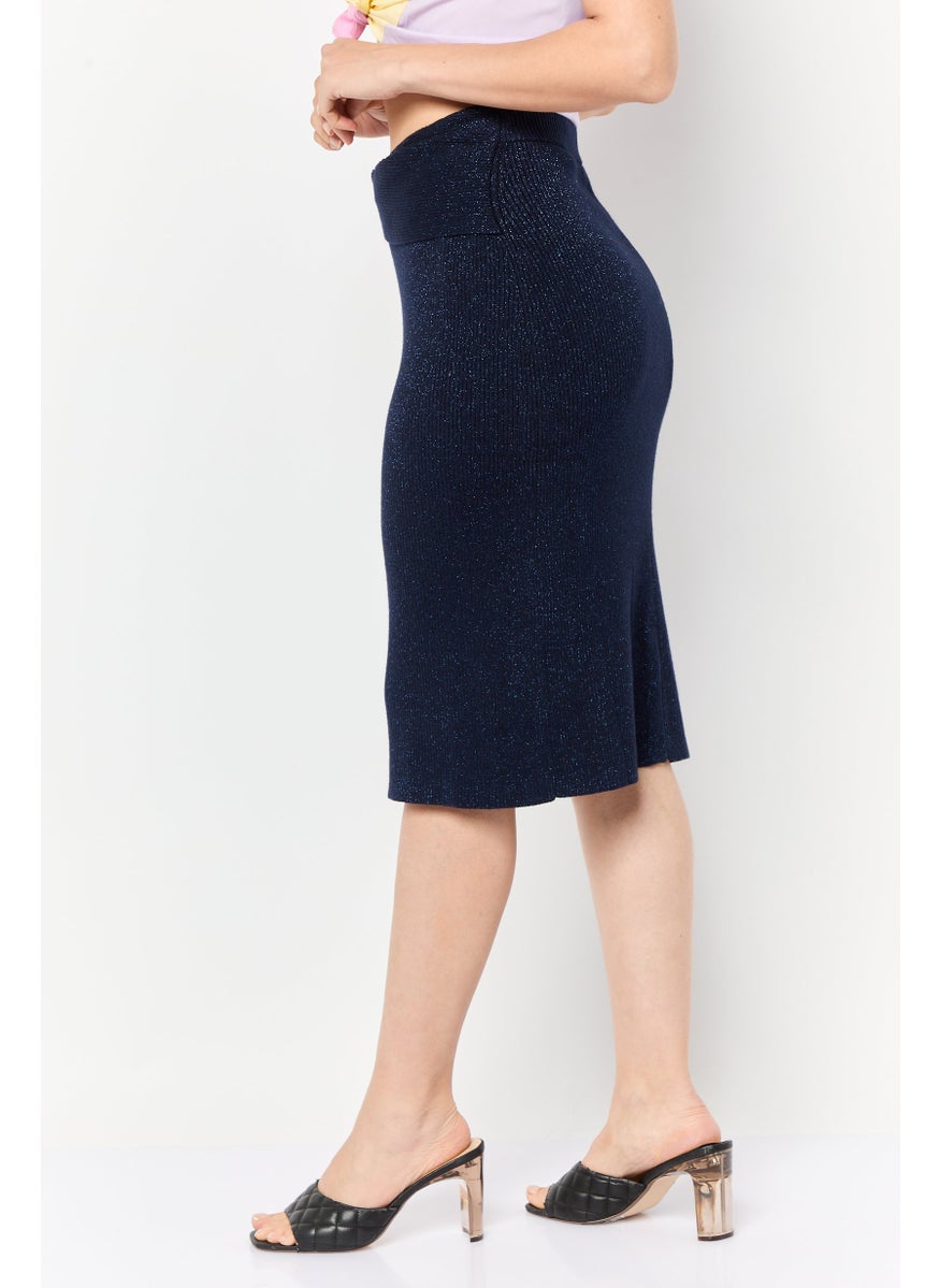 Women Metallic Midi Skirt, Navy