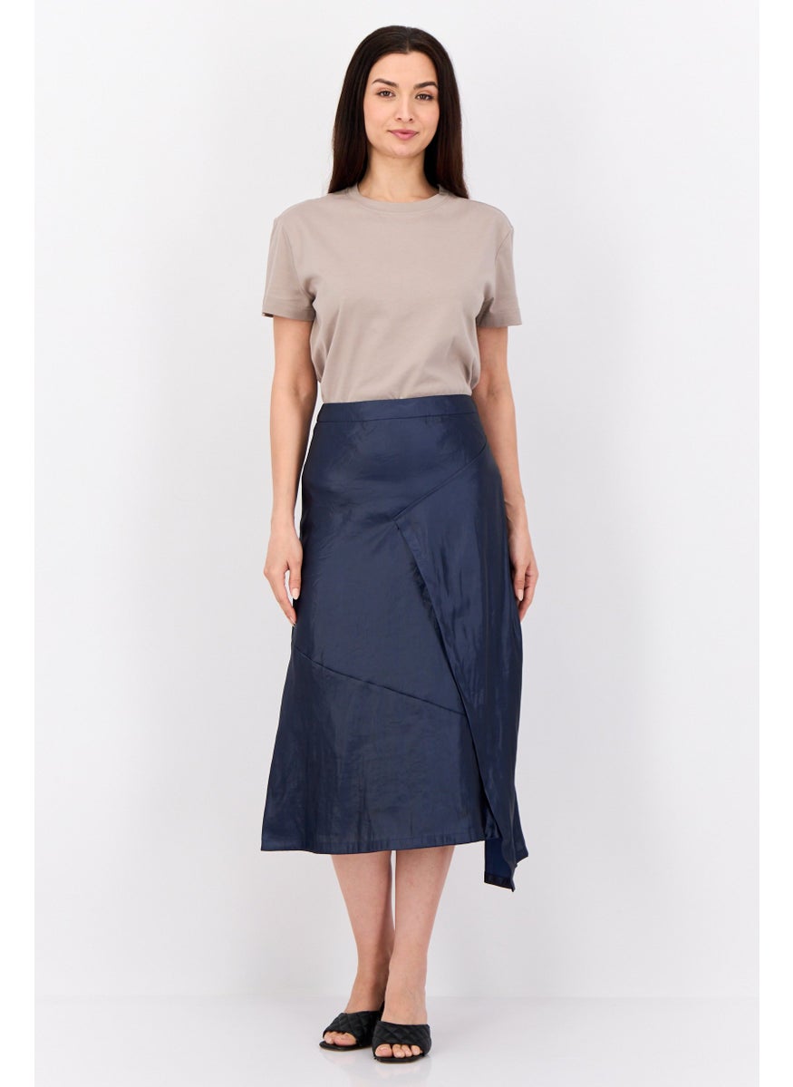 Women Metallic Midi Skirt, Navy