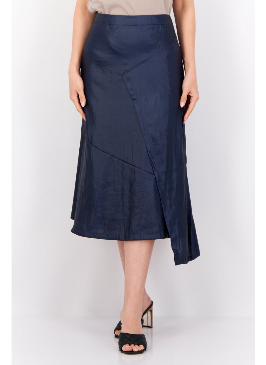 Women Metallic Midi Skirt, Navy