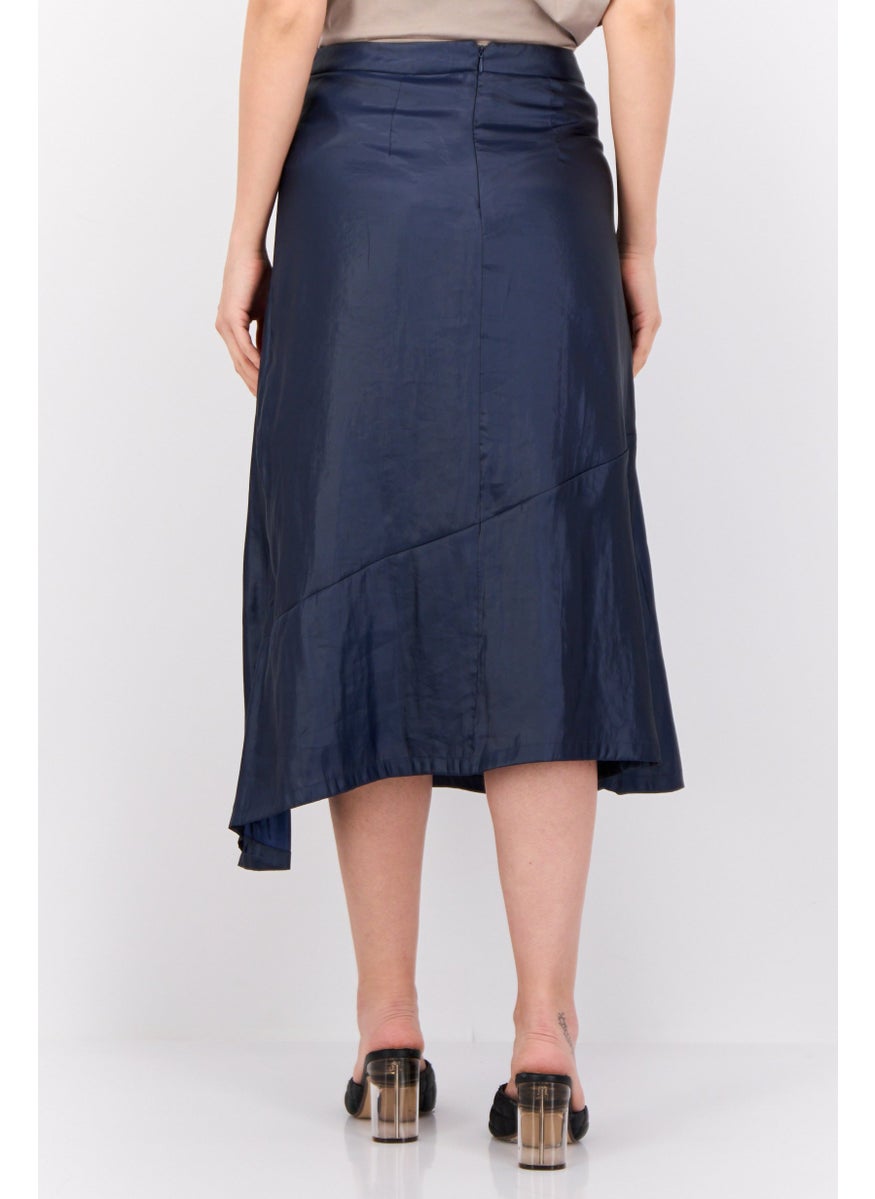Women Metallic Midi Skirt, Navy