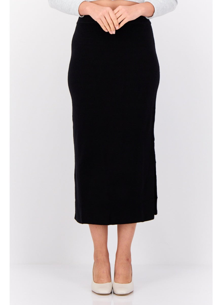 Women Ribbed Midi Skirts, Black