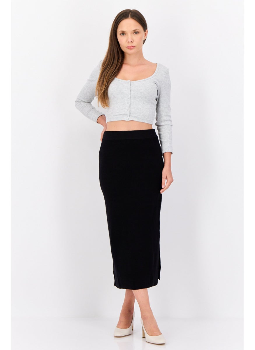 Women Ribbed Midi Skirts, Black