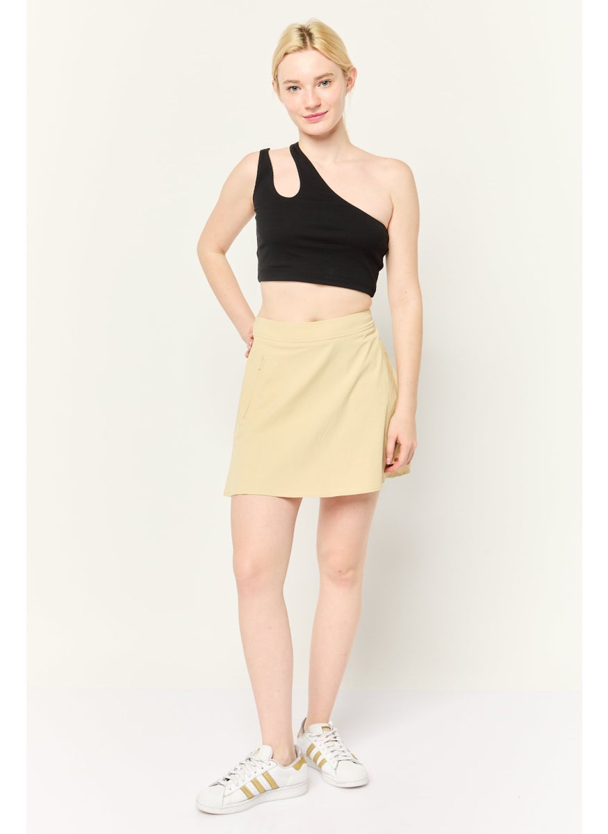 Women Solid Denim Mini Skort, Beige