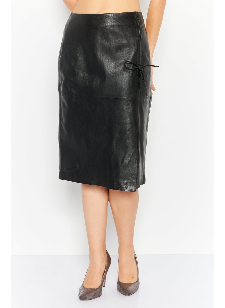 Women Plain Leather Midi Skirt, Black