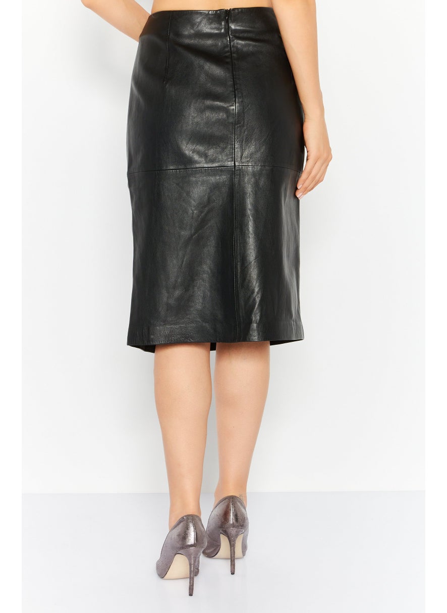 Women Plain Leather Midi Skirt, Black