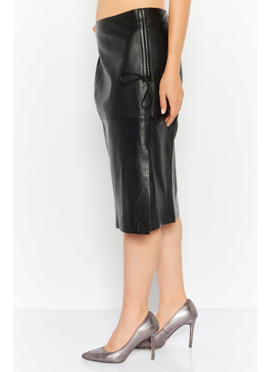 Women Plain Leather Midi Skirt, Black