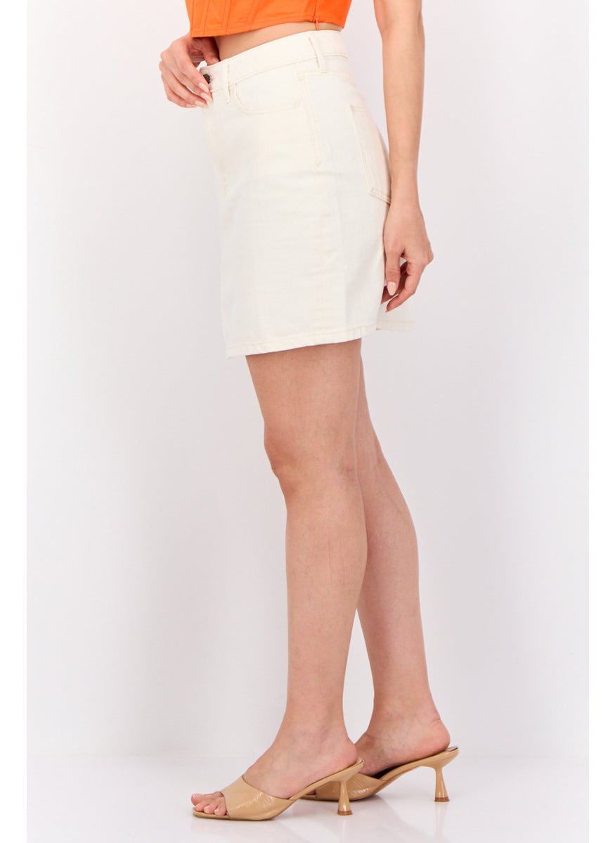 Women Solid Denim Mini Skirt, Off White