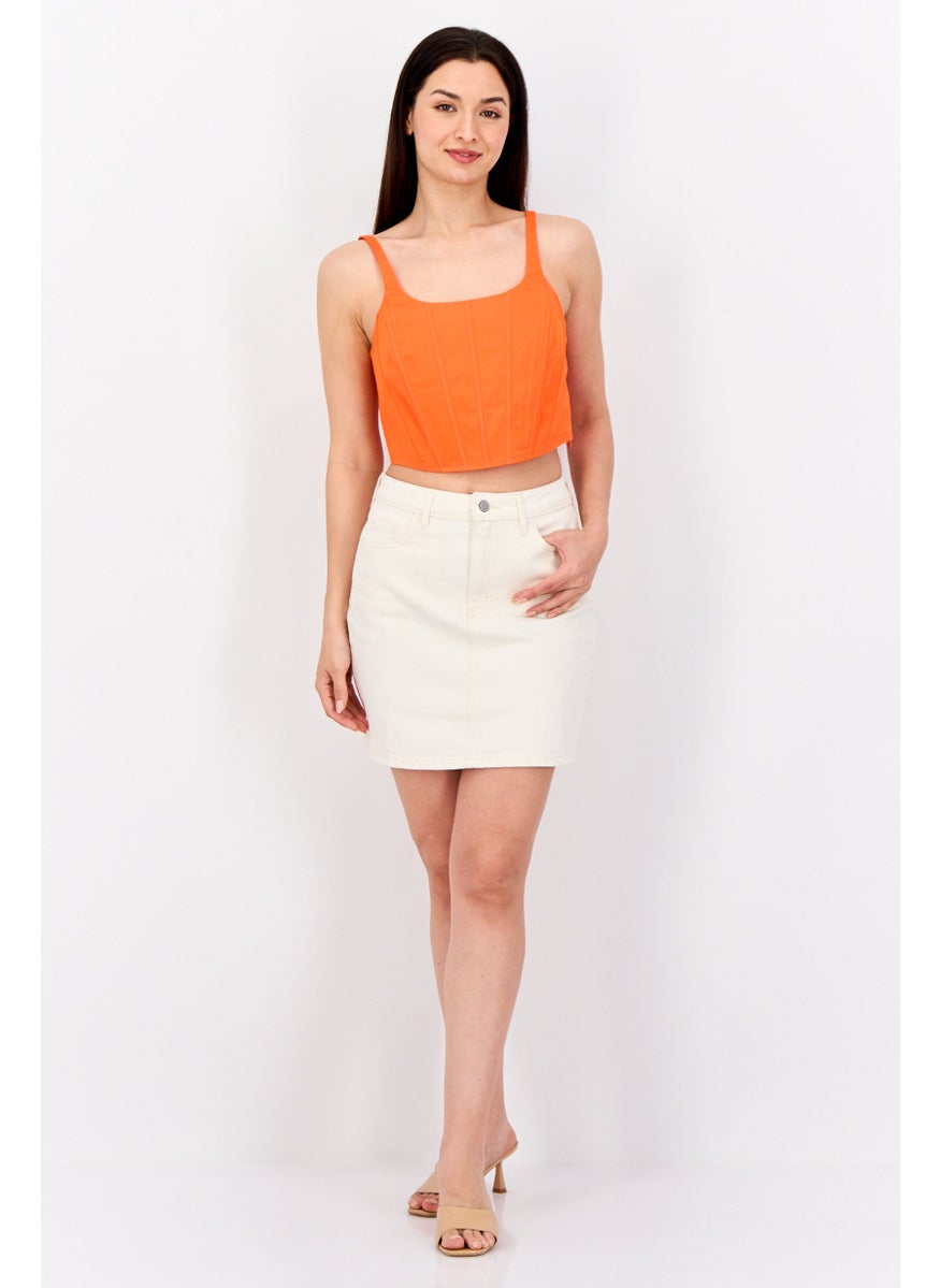 Women Solid Denim Mini Skirt, Off White