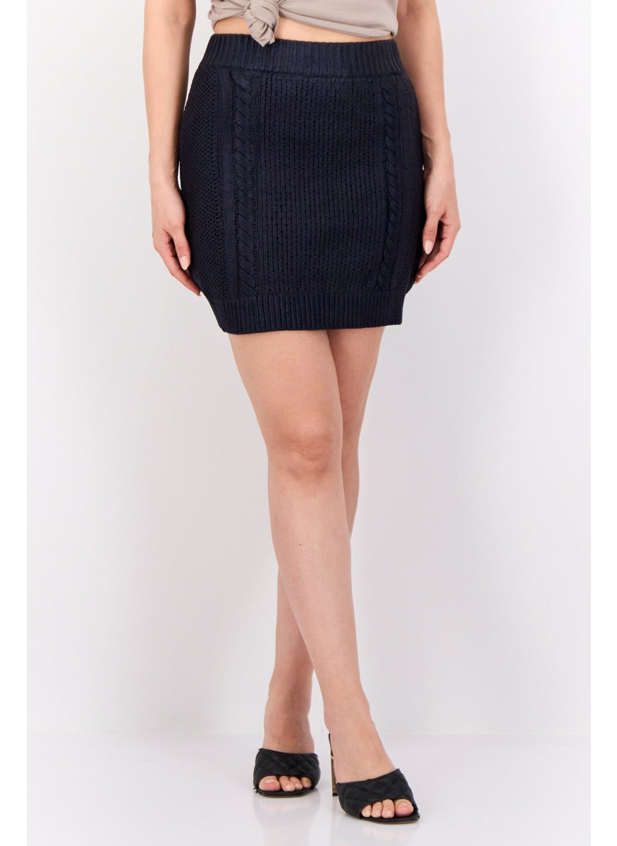 Women Metallic Cable Knitted Mini Skirt, Dark Navy