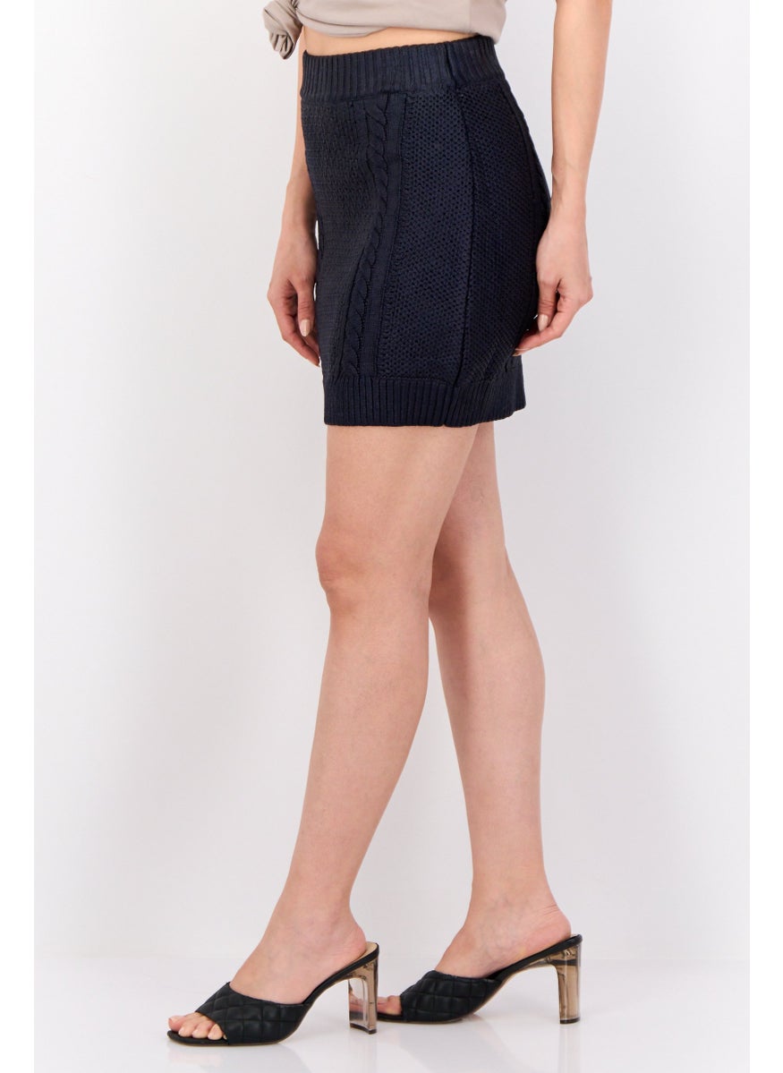 Women Metallic Cable Knitted Mini Skirt, Dark Navy