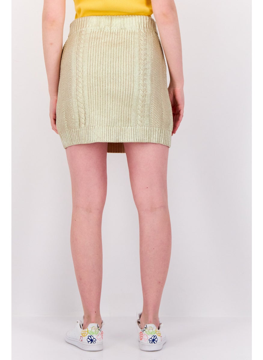 Women Metallic Cable Knitted Mini Skirt, Gold