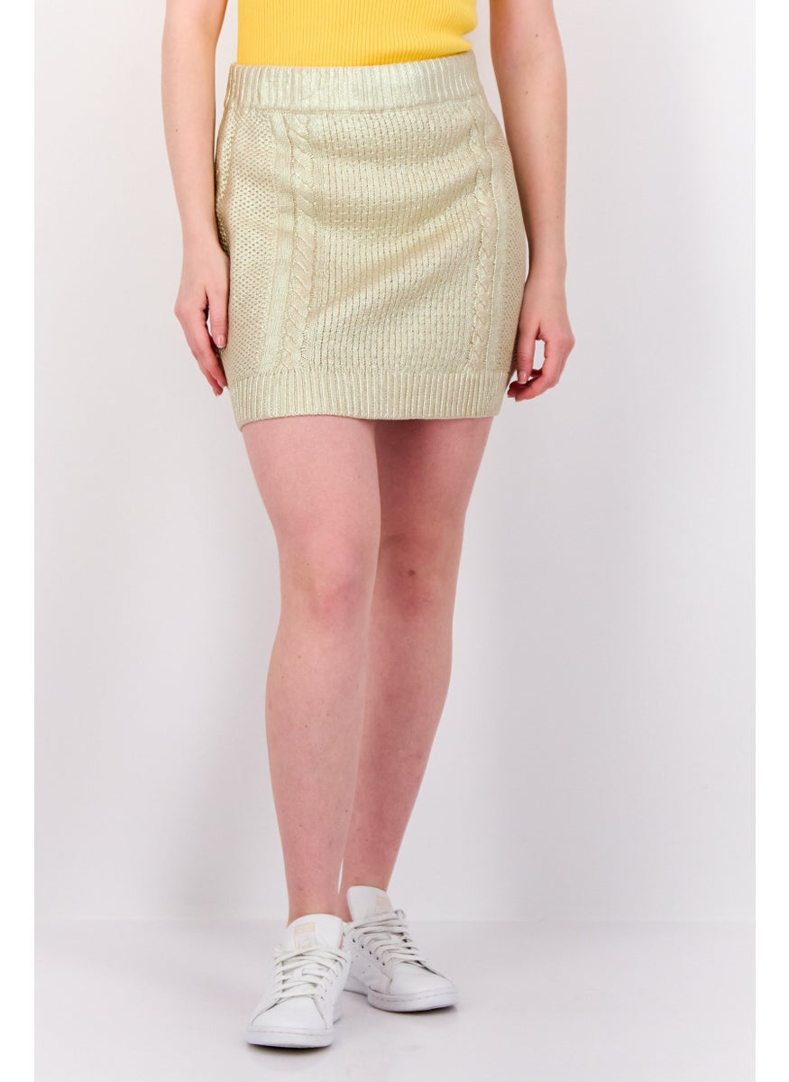 Women Metallic Cable Knitted Mini Skirt, Gold