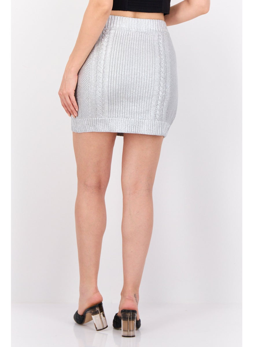 Women Metallic Mini Skirt, Silver