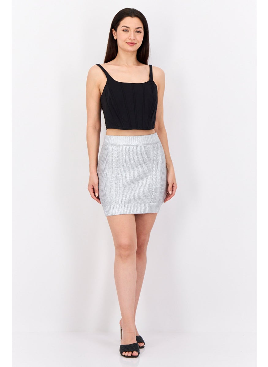Women Metallic Mini Skirt, Silver
