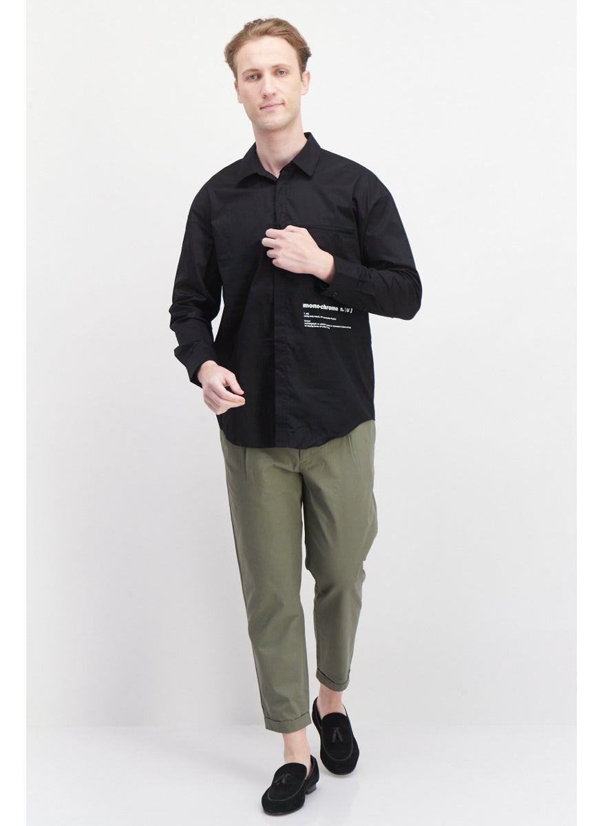 Men Regular Fit Long Sleeve Printed Casual Shirts, Black