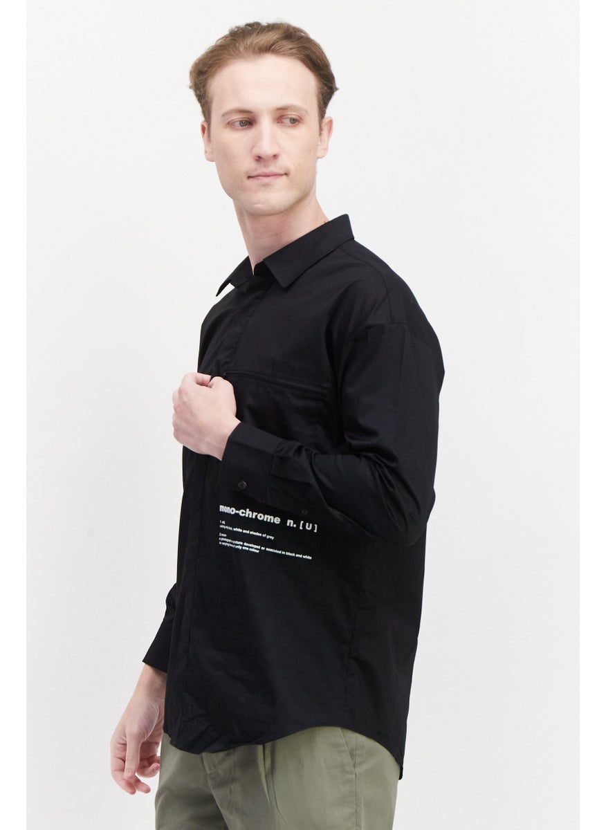 Men Regular Fit Long Sleeve Printed Casual Shirts, Black