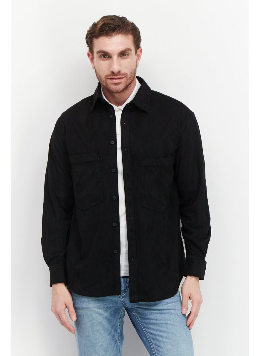 Men Spread Collar Long Sleeve Solid Shirt, Black