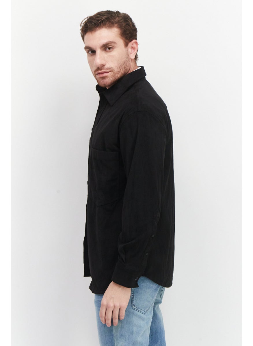 Men Spread Collar Long Sleeve Solid Shirt, Black