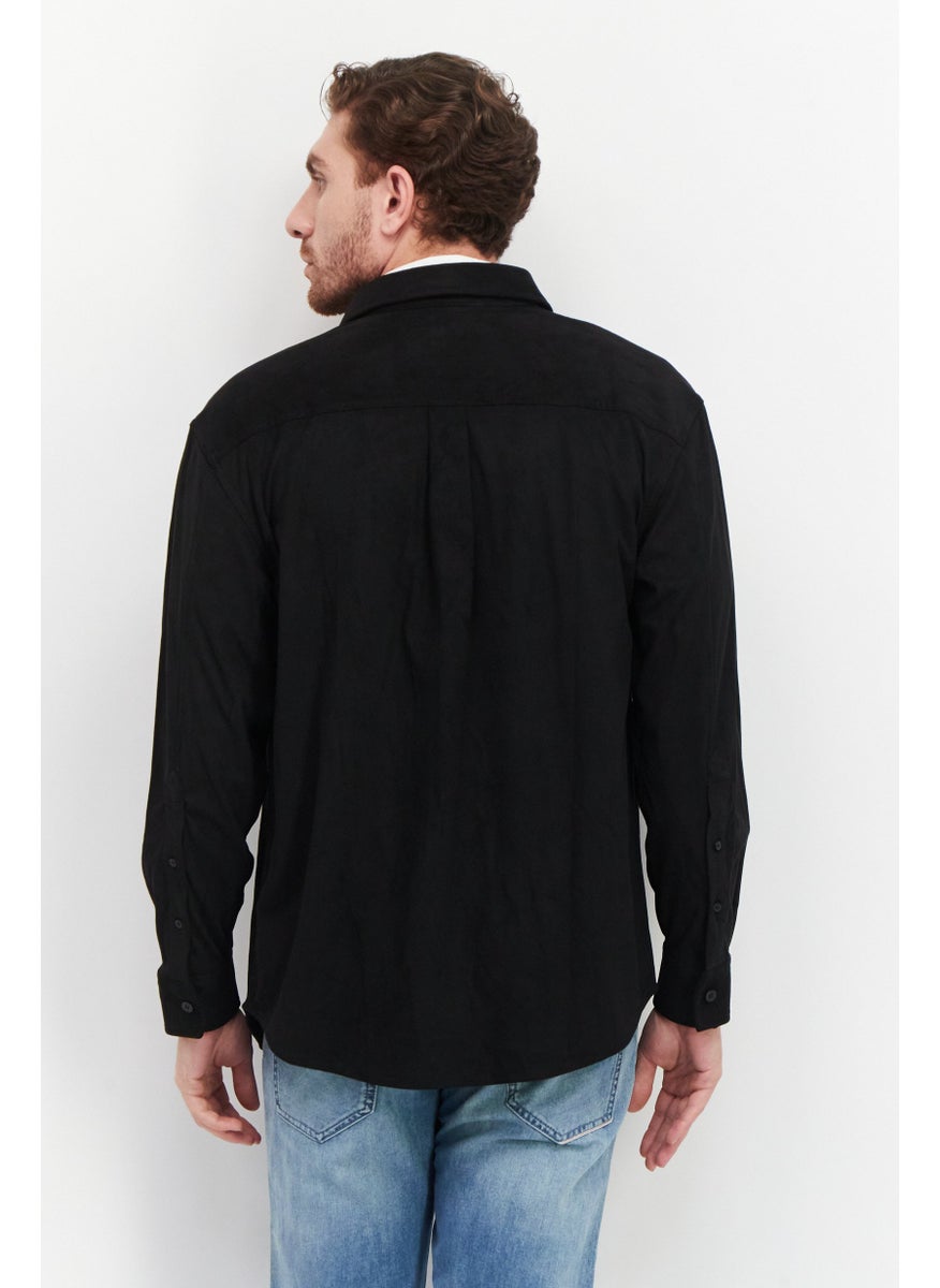 Men Spread Collar Long Sleeve Solid Shirt, Black
