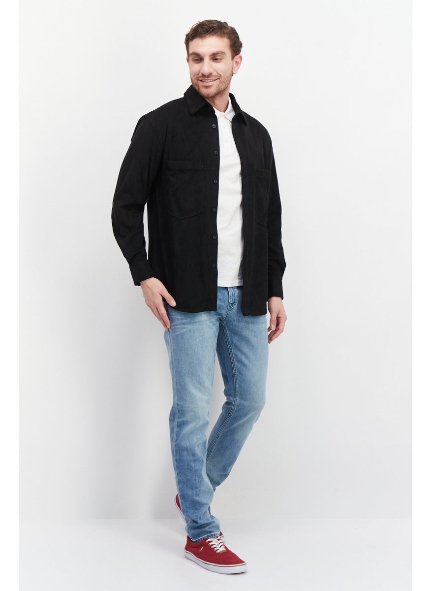 Men Spread Collar Long Sleeve Solid Shirt, Black