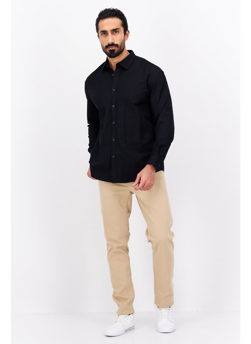 Men Regular Fit Embroidered Logo Long Sleeve Casual Shirts, Black